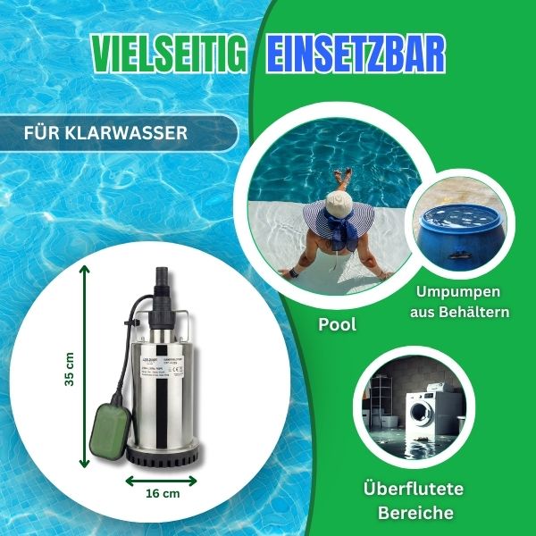 400 Watt Tauchpumpe Flachsaugend Edelstahl mit schwimmschalter Schmutzwasser geeinet