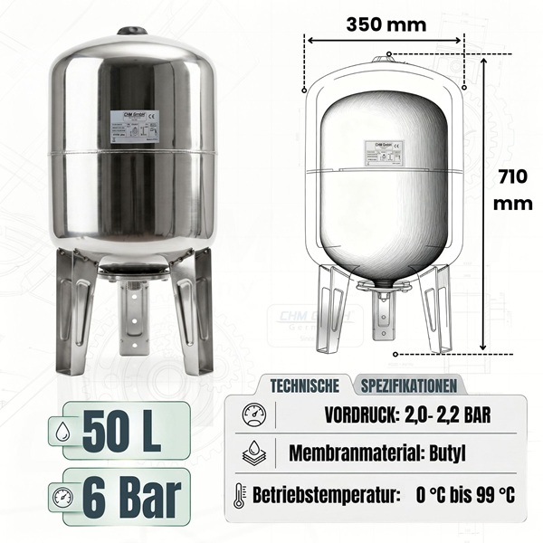 Membrankessel STVT 50 L Edelstahl 6 Bar