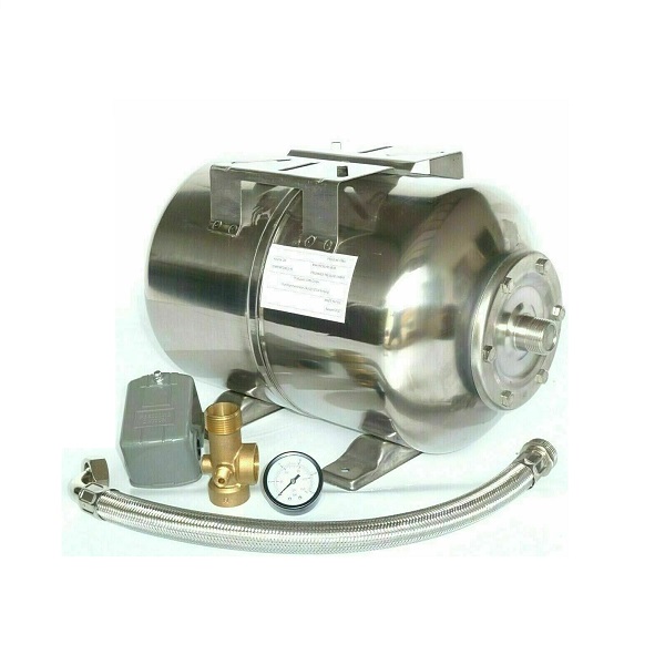 Drucktank 24 l Edelstahl Sun, Druckschalterset und 50 cm Panzerschlauch