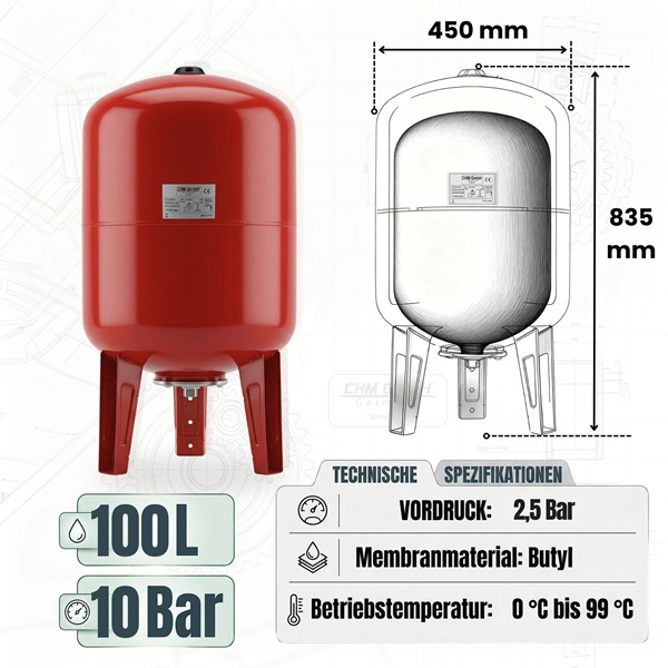 Membrankessel TVT 100 L Stahl 10 Bar vertikal