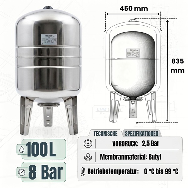 Membrankessel STVT 100 L Edelstahl 8 Bar vertikal