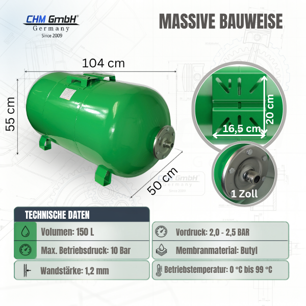 Hauswasserwerk HMC 170 5-SH, Drucktank 150l Stahl, CH 20, Panzerschlauch 100 cm, Wasserfilter