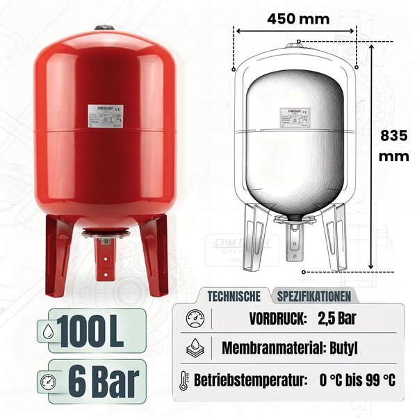 Membrankessel TVT 100 L Stahl 6 Bar vertikal
