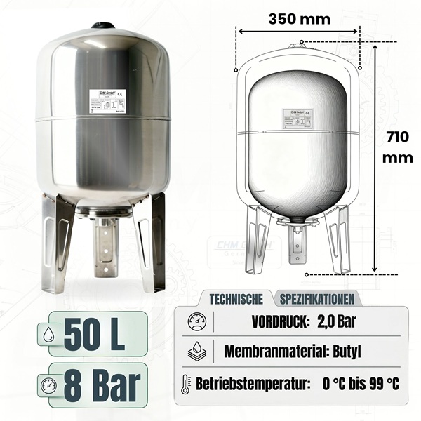 Membrankessel STVT 50 L Edelstahl 8 Bar vertikal