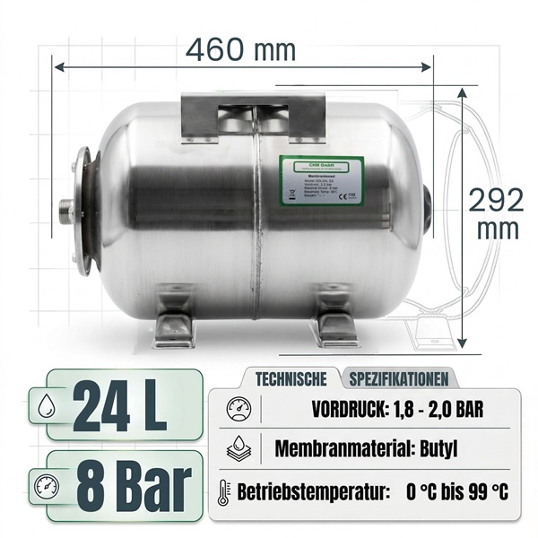 Membrankessel 24 Liter Edelstahl 8 Bar Sun