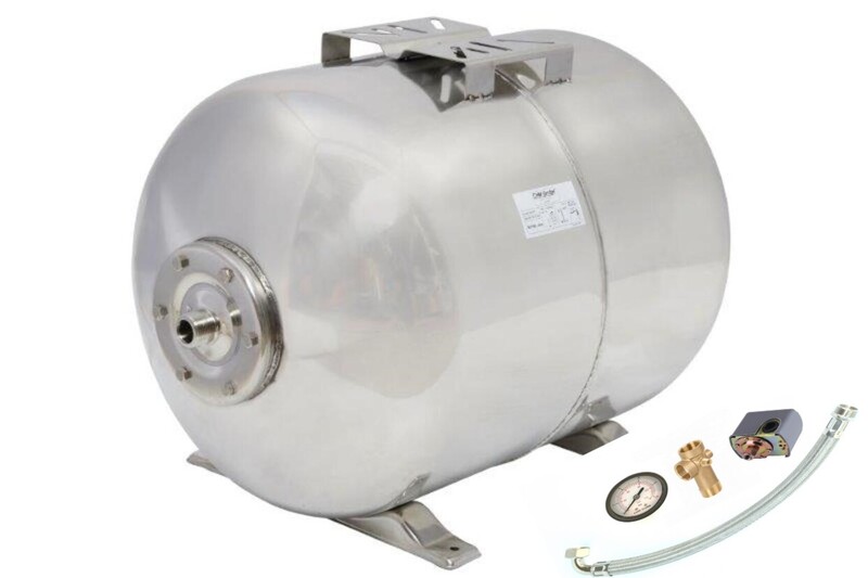 Drucktank 100 l SCF Edelstahl, Druckschalterset und Panzerschlauch 80 cm