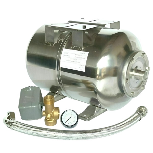 Drucktank 50 l Edelstahl 8 Bar , Druckschalterset und Panzerschlauch 60 cm