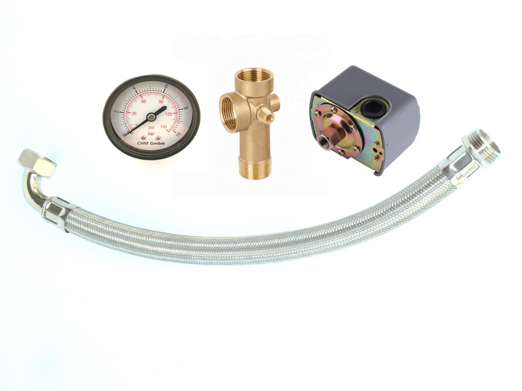 Drucktank 100 l SCF Edelstahl, Druckschalterset und Panzerschlauch 80 cm