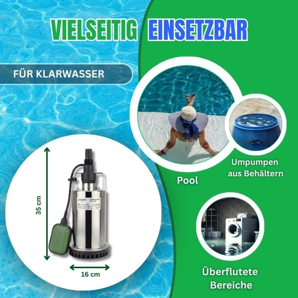 900 Watt Tauchpumpe Flachsaugend Edelstahl mit schwimmschalter Schmutzwasser geeinet