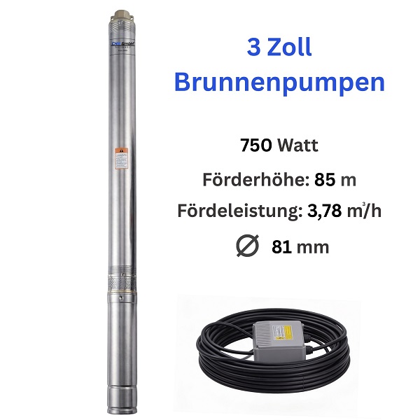 Tiefbrunnenpumpe 75QJD224-0.75, 30m Kabel