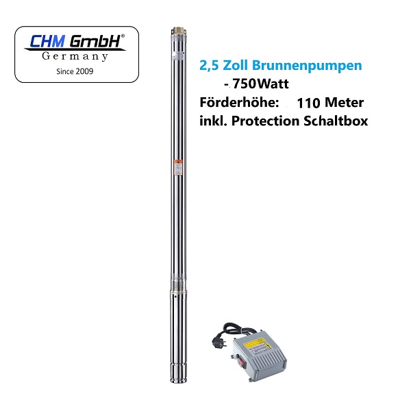 CHM GmbH® Brunnenpumpe 2,5 Zoll 750 Watt 11 Bar 2800 L/h Pumpe Zisterne