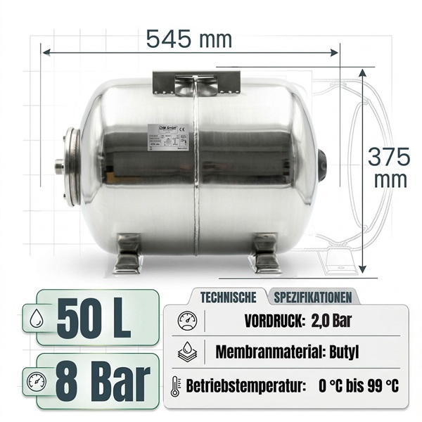 Membrankessel SCF 50 Liter Edelstahl 8 Bar