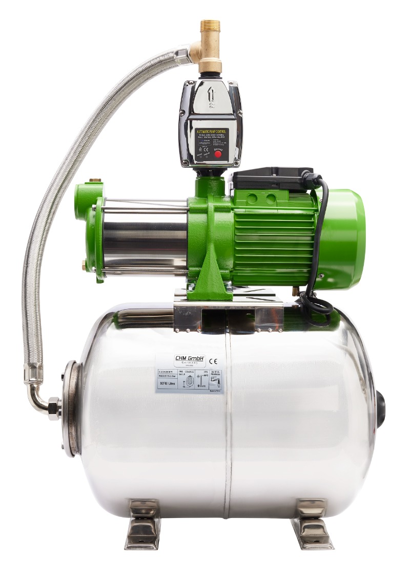 CHM Hauswasserwerk 100L Edelstahl,1100 W Kreiselpumpe 5 Bar + Trockenlaufschutz