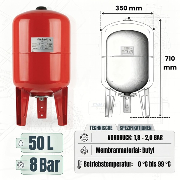 Membrankessel TVT 50 L Stahl 8 Bar vertikal