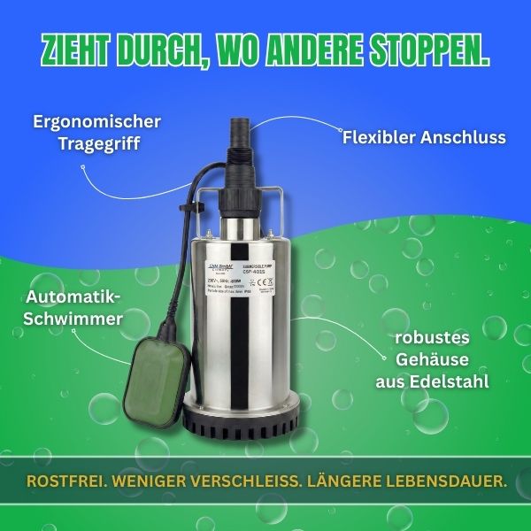 400 Watt Tauchpumpe Flachsaugend Edelstahl mit schwimmschalter Schmutzwasser geeinet