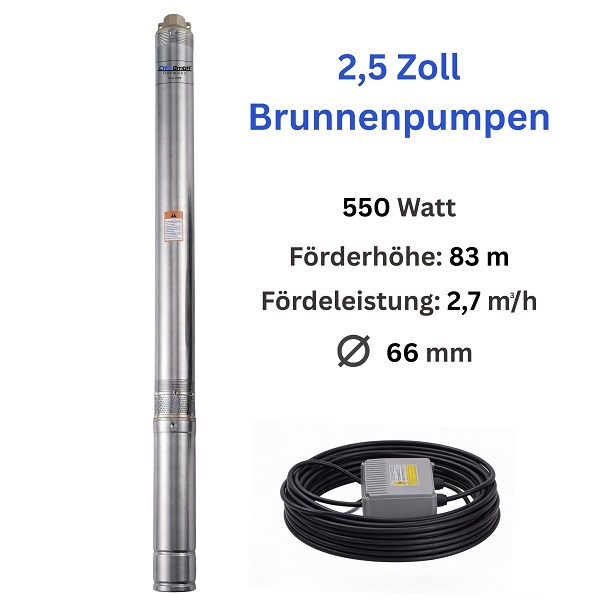 Tiefbrunnenpumpe 65QJD132-0.55, 20 m Kabel