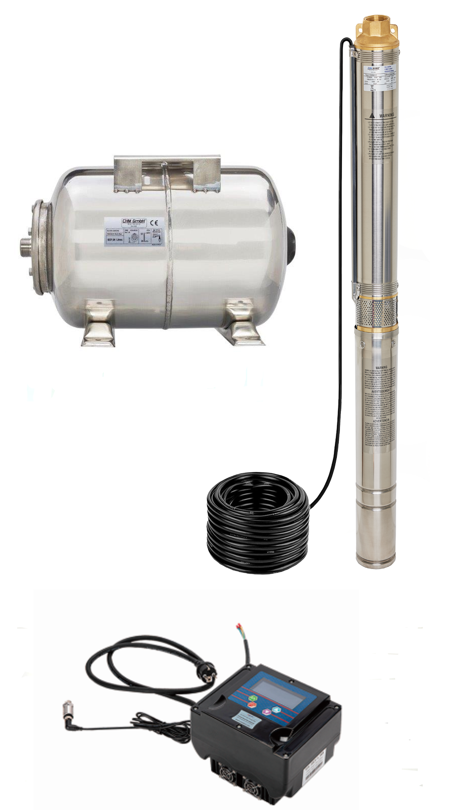 Tiefbrunnenpumpe 3,5" 4800 l/h 6,1 mit Inverter und 24 L Edelstahl Tank